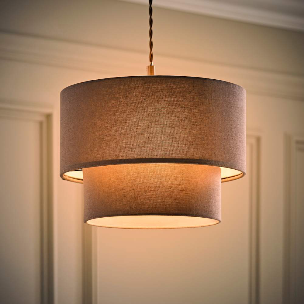ValueLights Jodie 2 Tier Grey Linen Ceiling Drum Lamp Shade Image 2