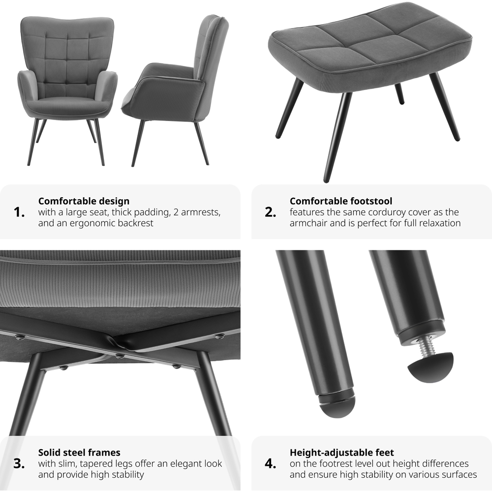 tectake Hygge Fine Corduroy Anthracite and Black Armchair with Stool Image 5