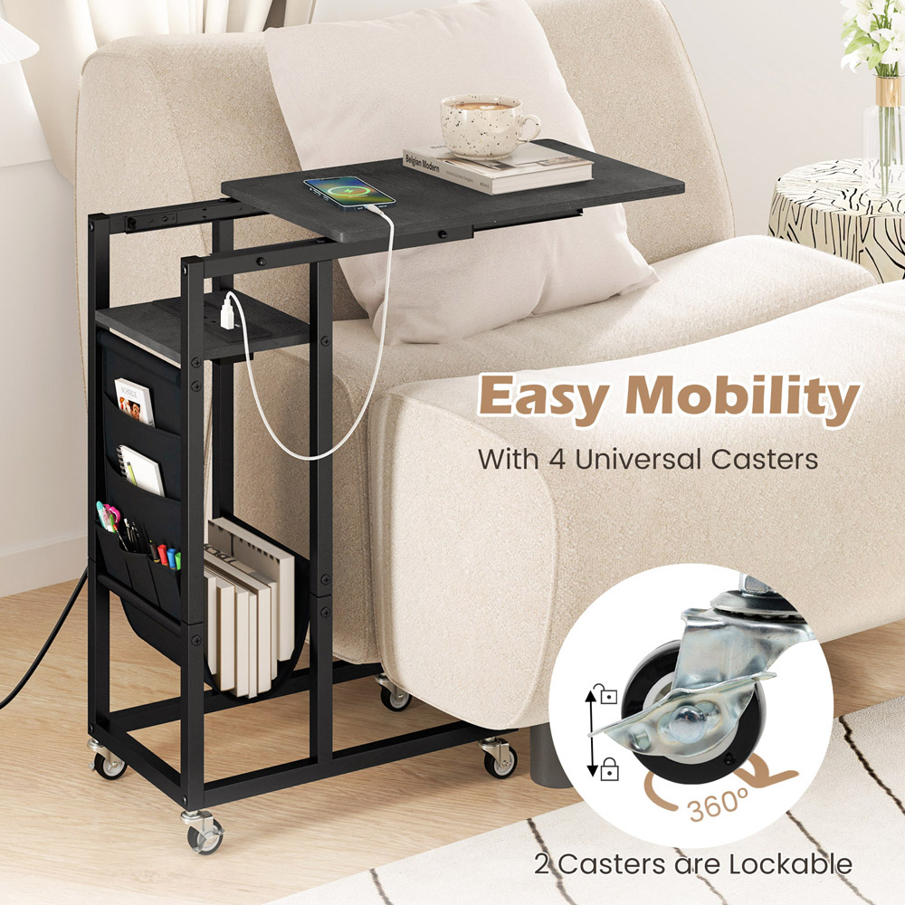 Costway Black C Shaped End Table Rolling with Charging Station and Retractable Tabletop Image 8