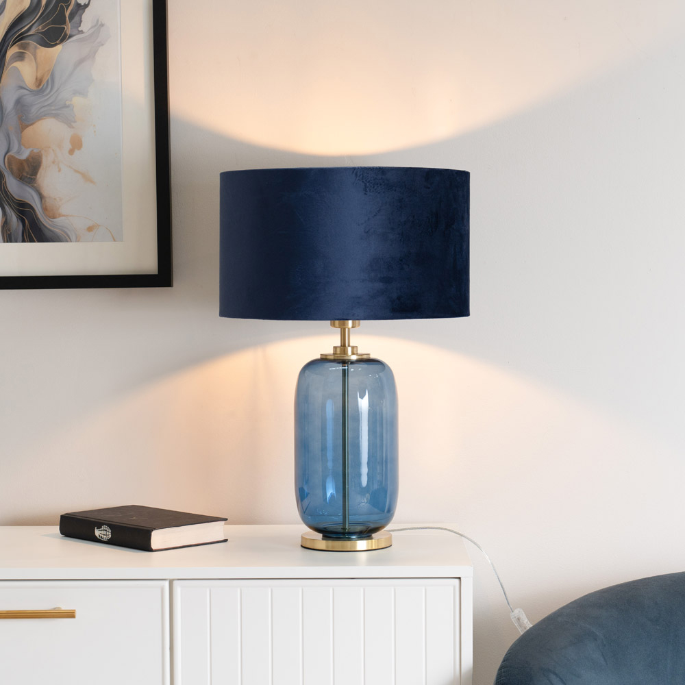 ValueLights Leigh Reni Navy Blue Velvet Shade Navy Blue Glass LED Table Lamp Image 2
