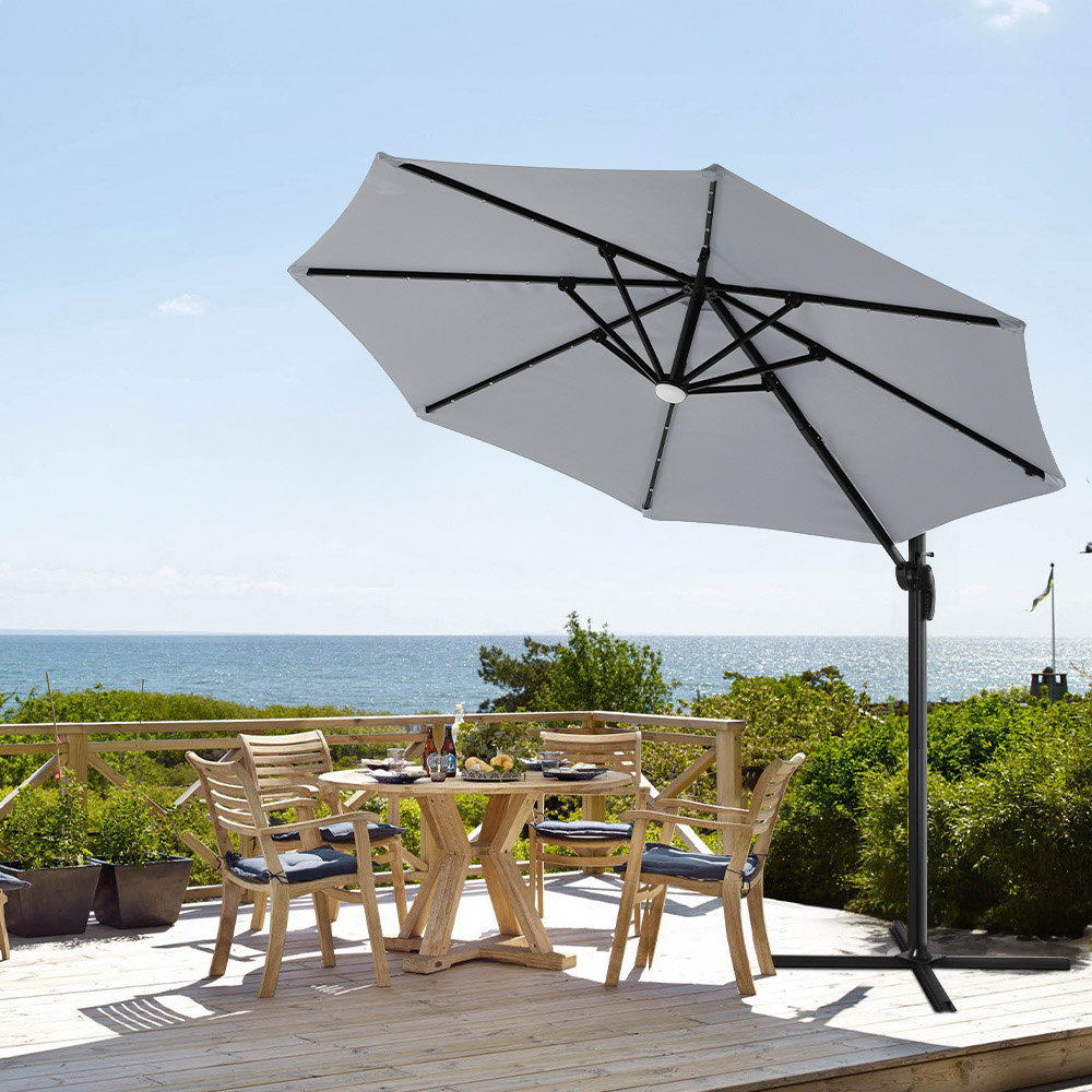 Living and Home Light Grey LED Rotatable Cantilever Parasol with Base 3m Image 2