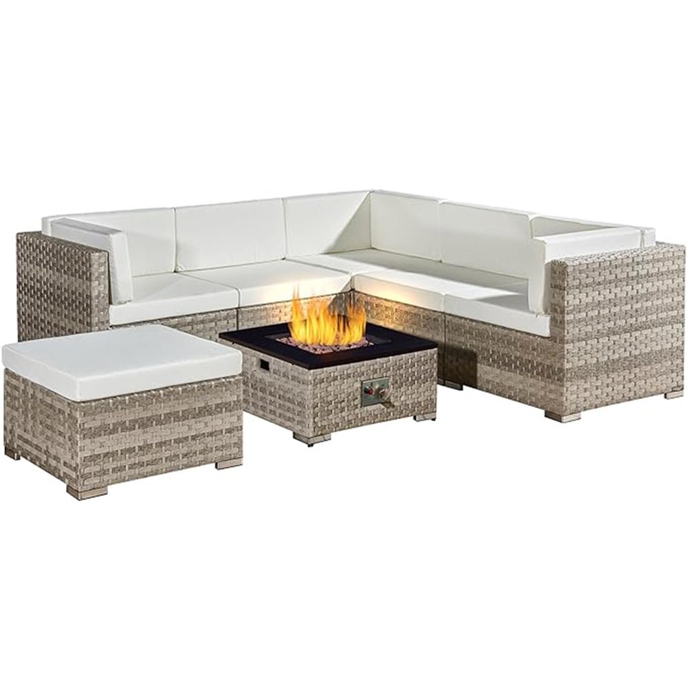 Oseasons Trinidad 6 Seater Dove Grey Rattan Modular Chaise Lounge Sofa Set with Firepit Image 2