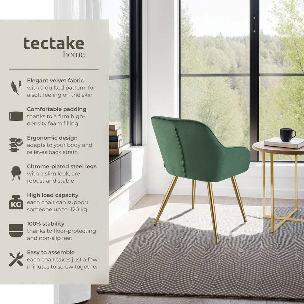 tectake Marilyn Set of 2 Dark Green and Gold Quilted Velvet Chair Image 3