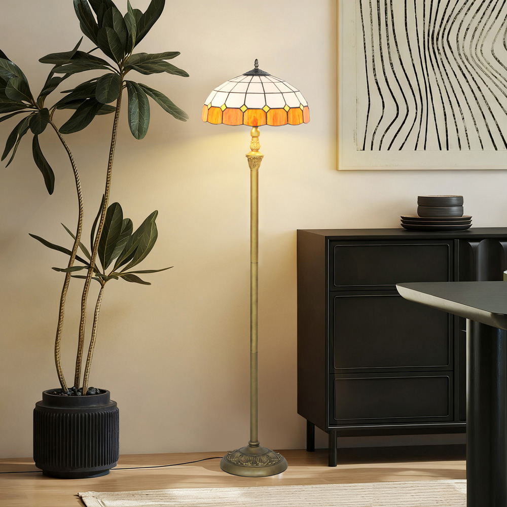 HOMCOM Orange Vintage Handcrafted Stained Glass Shade Floor Lamp Image 3