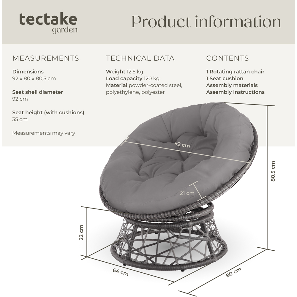 tectake Gargano Grey Polyrattan Rattan Rotatable Garden Chair with Round Cushion Image 9