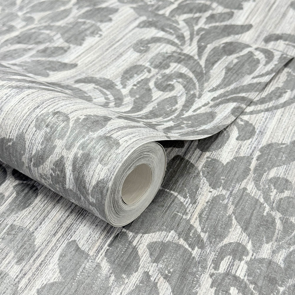 Muriva Theon Ornate Scroll Damask Grey Wallpaper Image 3