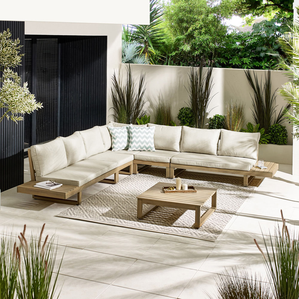 Furniturebox Sardinia 8 Seater Cream and Teak Effect Wood Outdoor Sofa Set Image 1