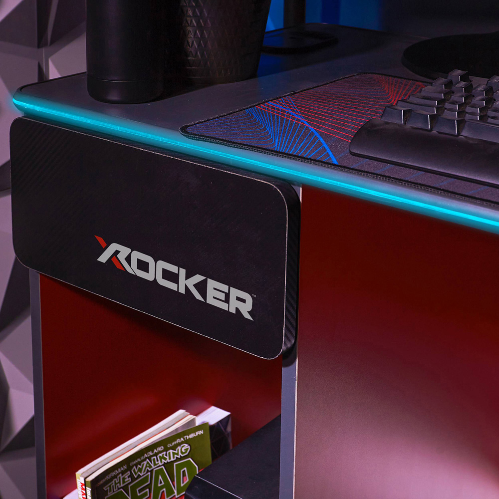 X Rocker Carbon-Tek Single Drawer Single Shelf Gaming Desk with Neo Fibre LED Lights Grey and Red Image 7