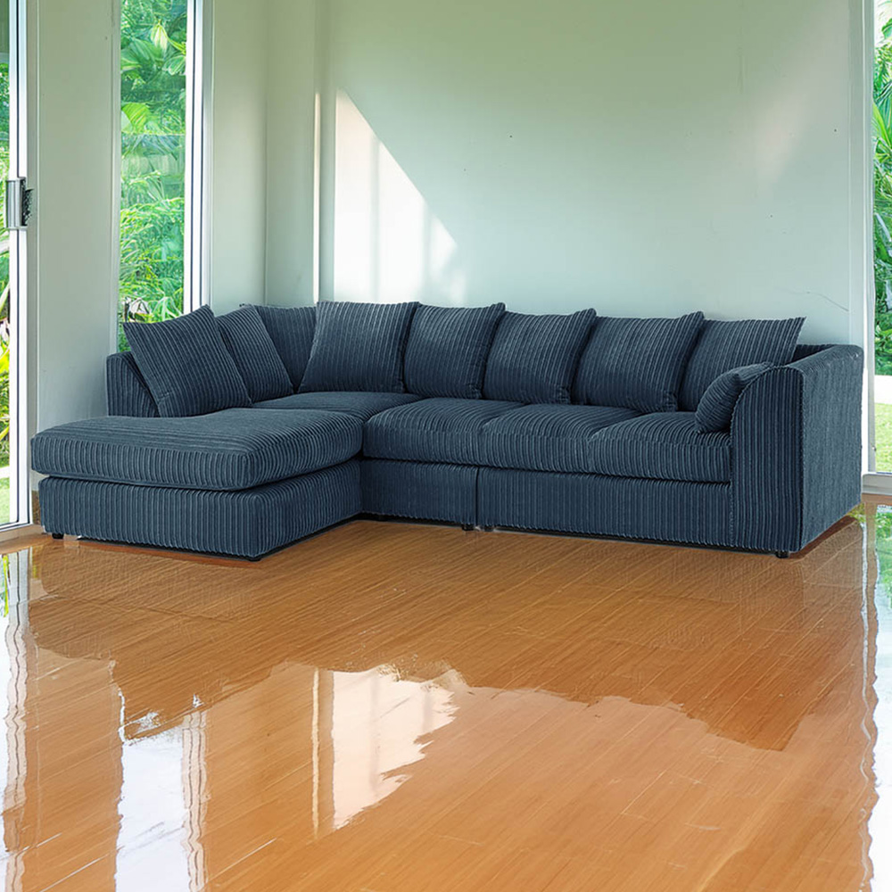 Luxor 4 Seater Navy Blue Jumbo Cord Left Hand Facing Scatter Back L Shaped Corner Sofa Set Image 1