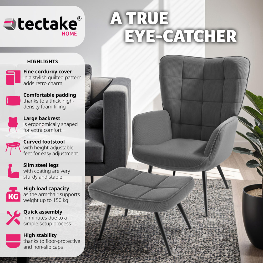 tectake Hygge Fine Corduroy Anthracite and Black Armchair with Stool Image 3
