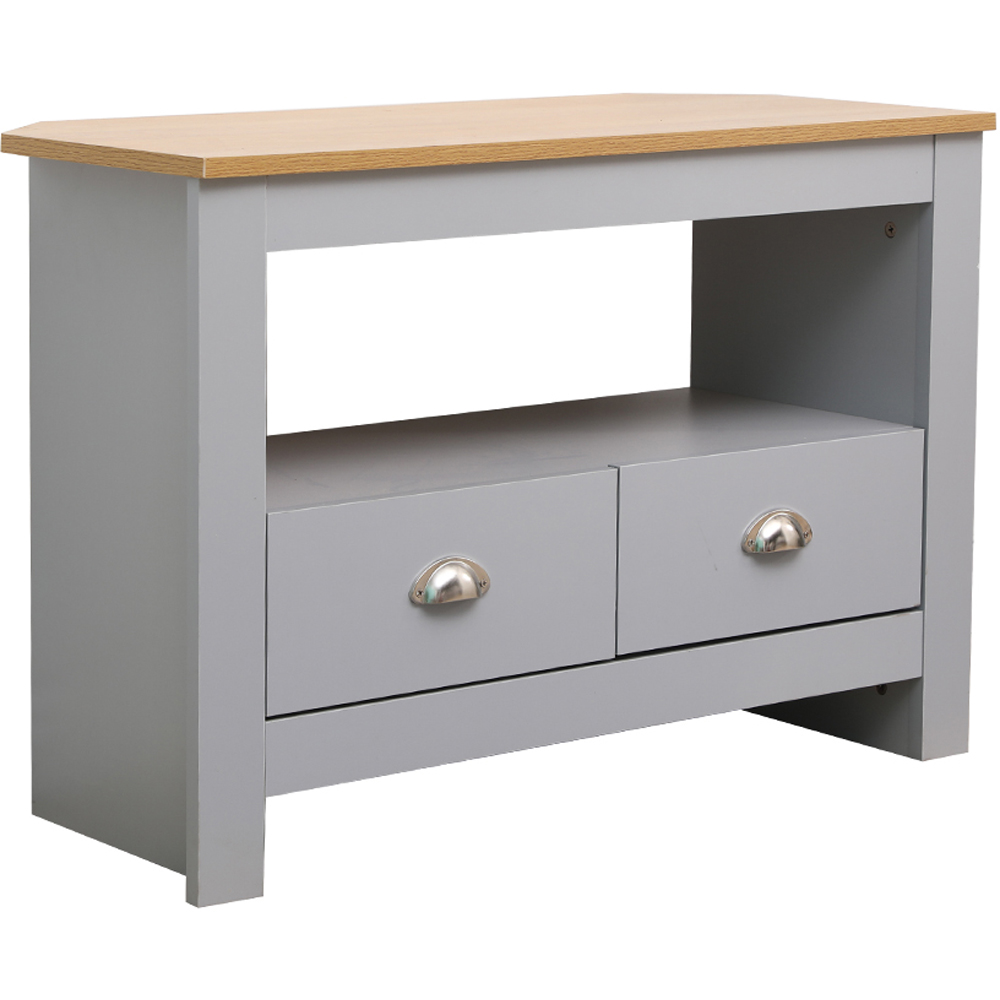 FurnitureHMD 2 Drawer Single Shelf Grey and Oak Effect Wooden Corner TV Unit Image 2