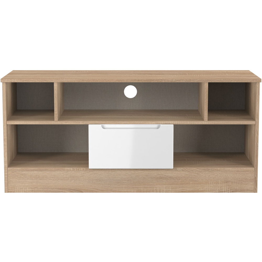 Crowndale Milan Single Drawer 5 Shelf White Gloss and Bardolino Oak TV Unit Ready Assembled Image 2