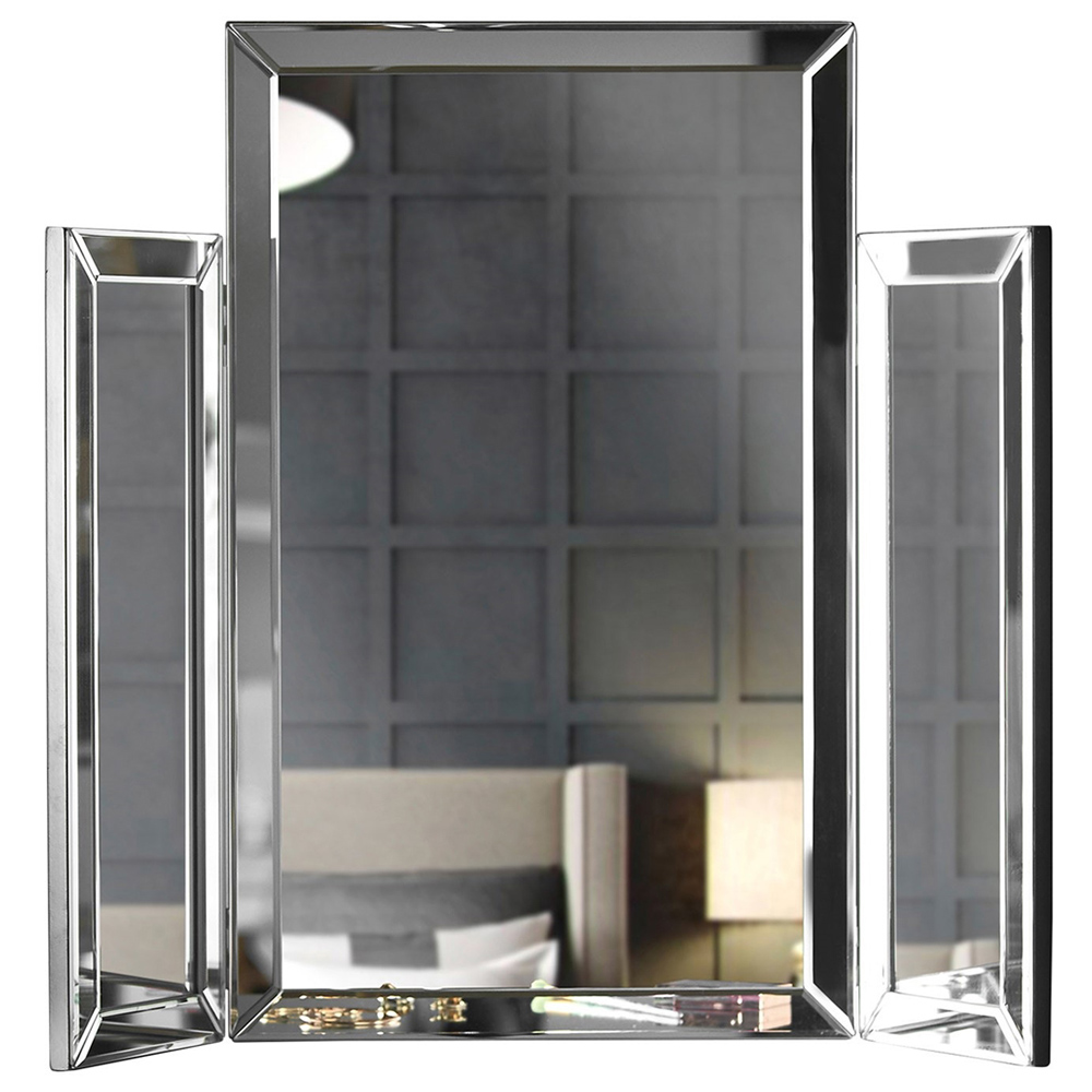 CARME Home Paloma Silver Luxury Tri-Fold Folding Tabletop Mirror Vanity Image 1