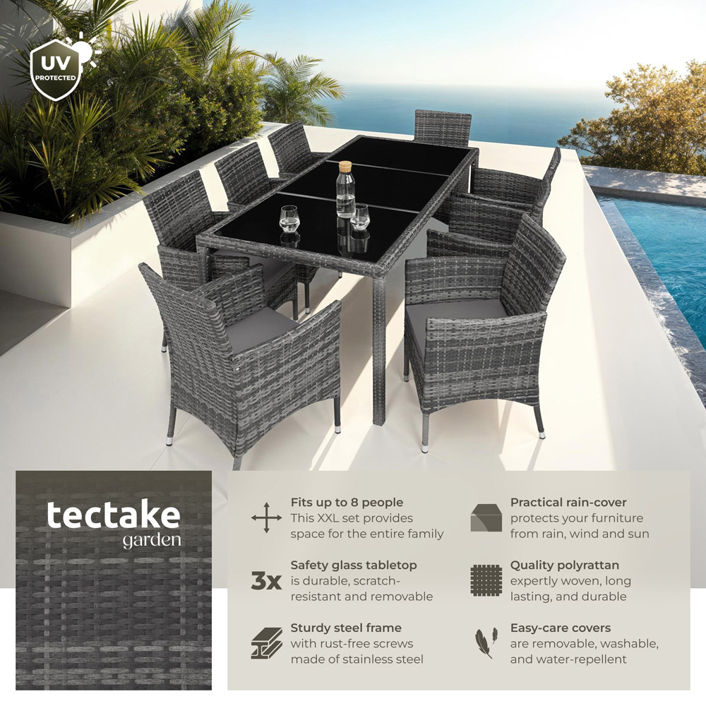tectake Valencia 8 Seater Grey Dining Table Set with Cover Image 8