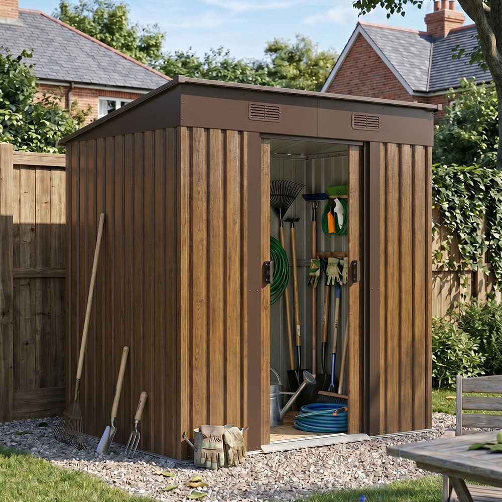 Living and Home 4 x 6ft Brown Wood-Grain Finish Metal Pent Garden Tool Shed Image 3