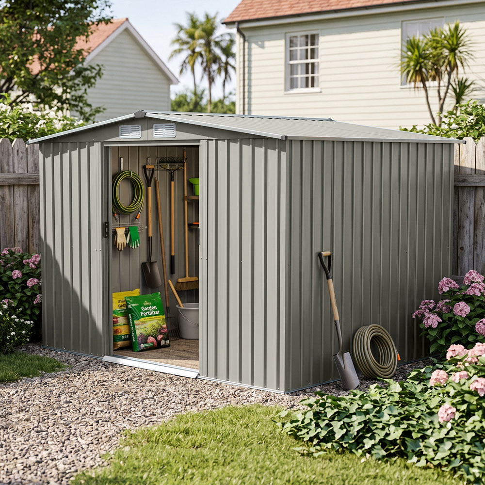 Living and Home 8 x 6ft Grey Metal Apex Garden Storage Shed Image 2