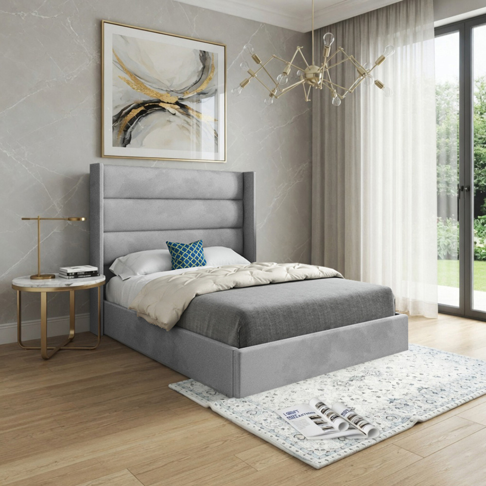 Nuno Grey Small Single Velvet Upholstered Bed Frame with Straight Winged Headboard Image 5