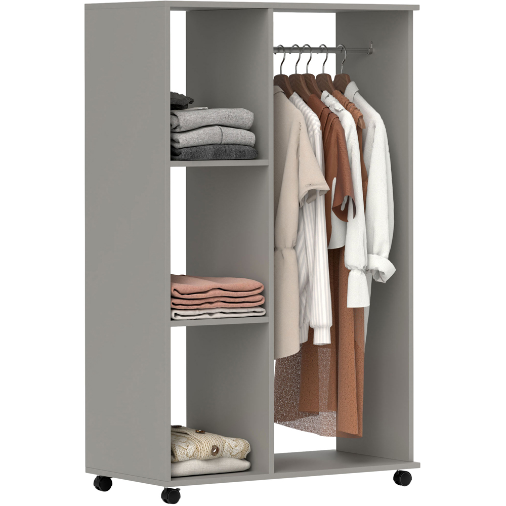 Portland 3 Shelf Grey Rolling Open Wardrobe with Hanging Rail Image 2