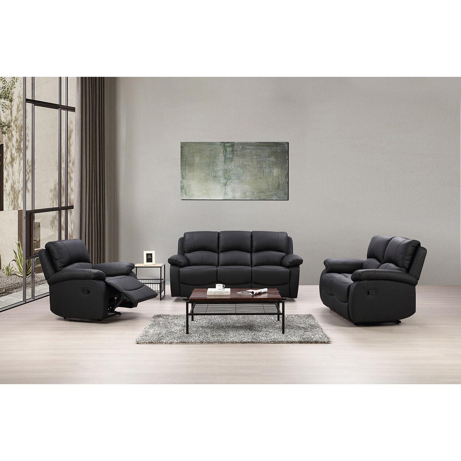 Milano 3 Seater Black Leather Manual Recliner Sofa Image 4