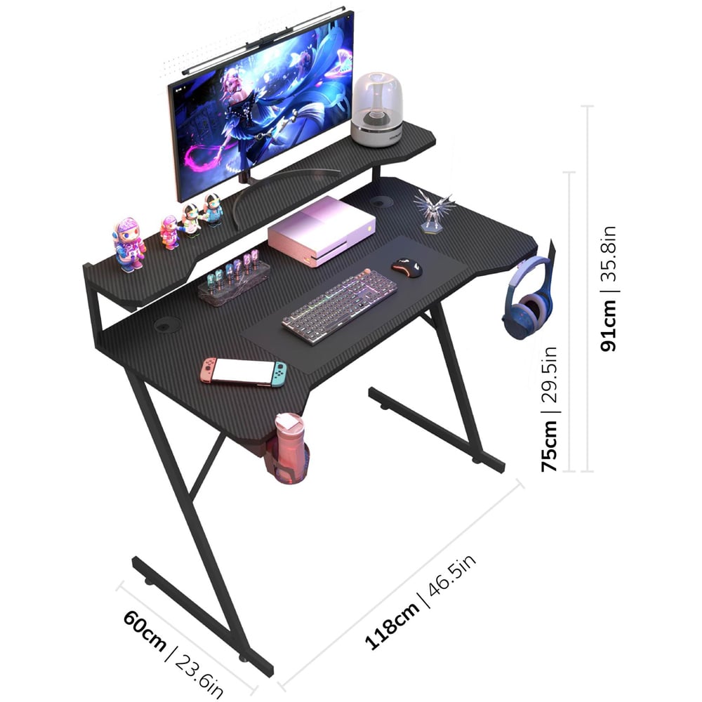House of Home Carbon Fibre Top Computer Gaming Desk with Monitor Stand Black Image 9