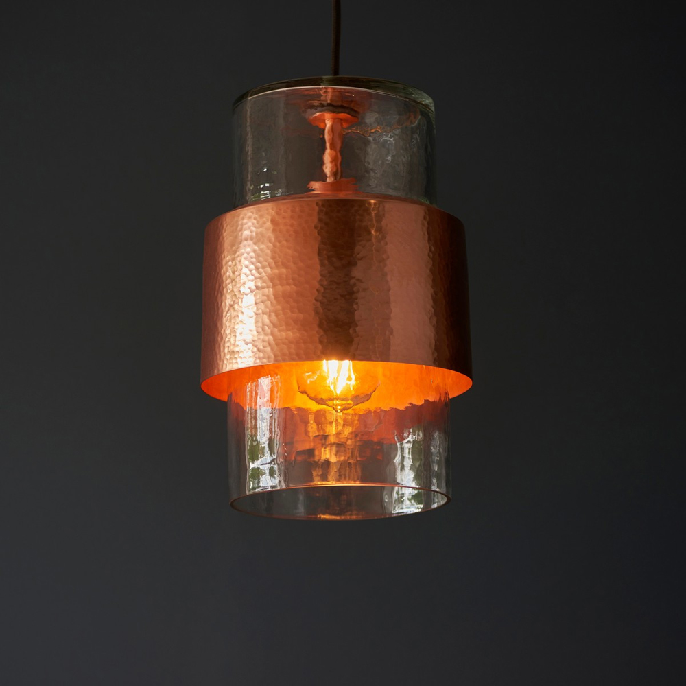 Merano Palermo Hammered Copper Plate with Textured Clear Glass Pendant Ceiling Light Image 2