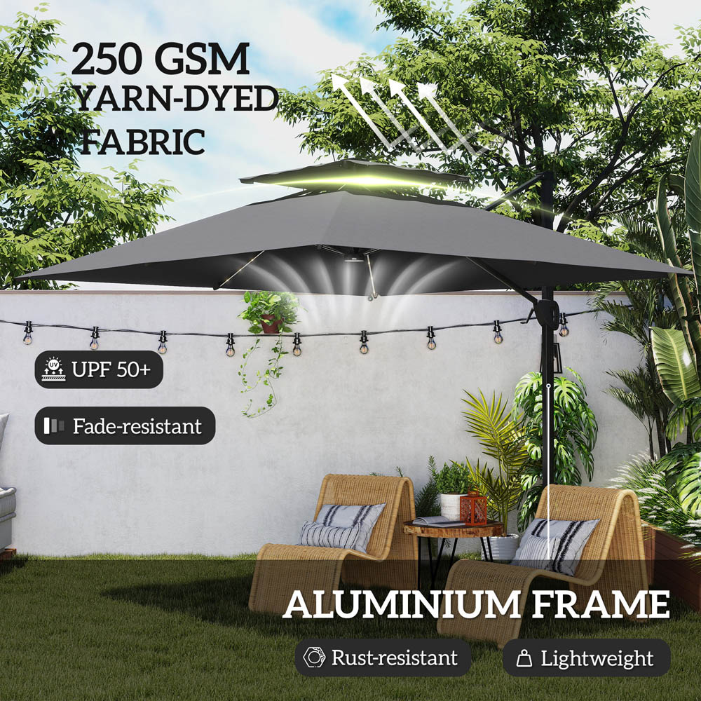 Outsunny 2 Tier Grey Aluminium Solar LED Crank and Tilt Cantilever Parasol 3.5m Image 4