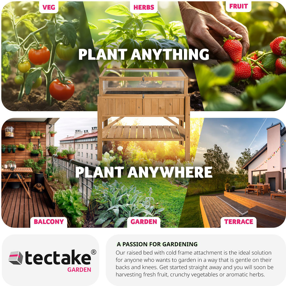 tectake 57 x 119cm Wooden Raised Garden Bed with Storage Shelf and Cold Frame Attachment Image 7
