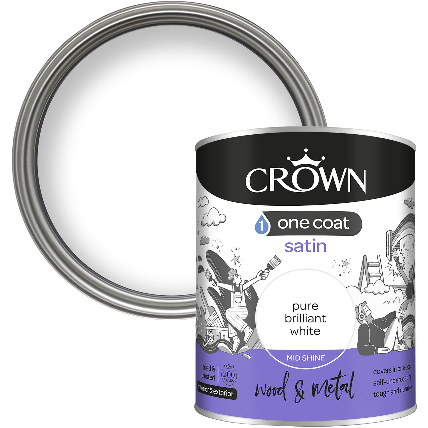Crown One Coat Wood & Metal Pure Brilliant White Satin Paint 750ml Image 1