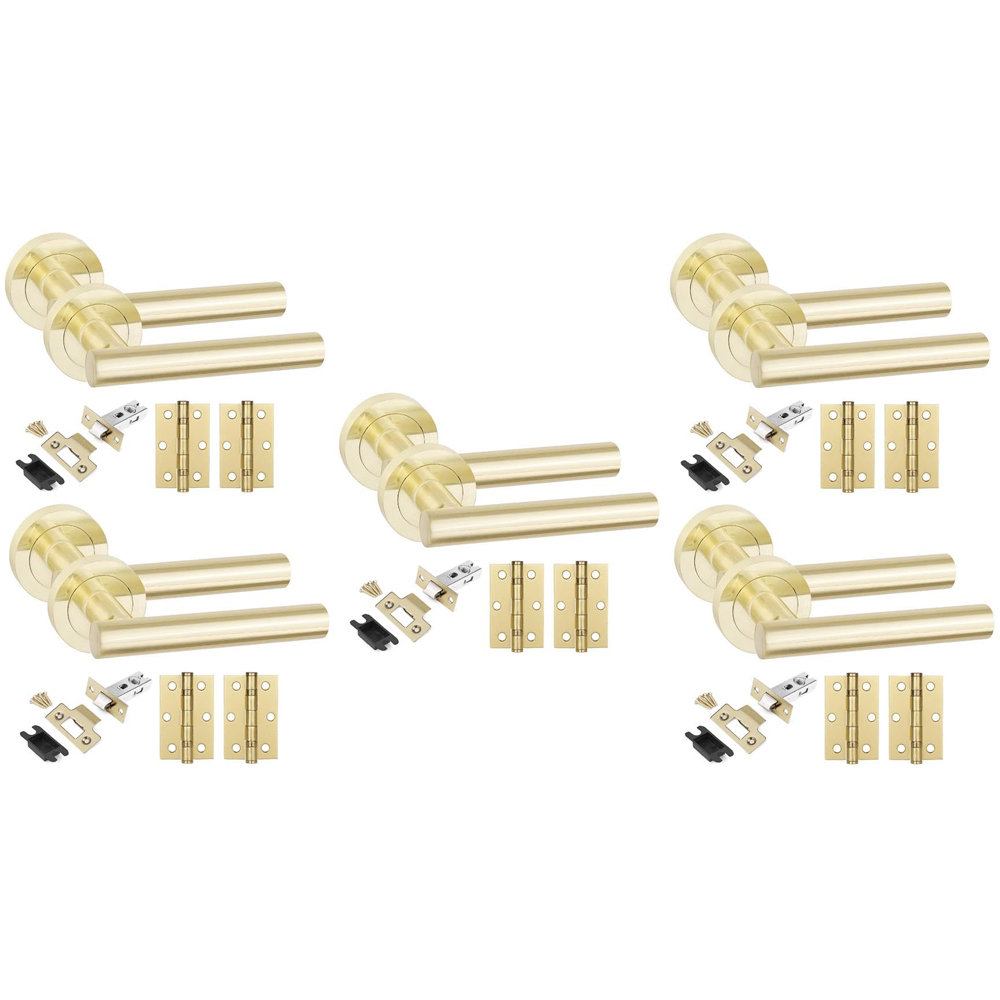 Golden Grace Satin Brass Straight T-Bar Door Handles Set 5 Pack Image 1