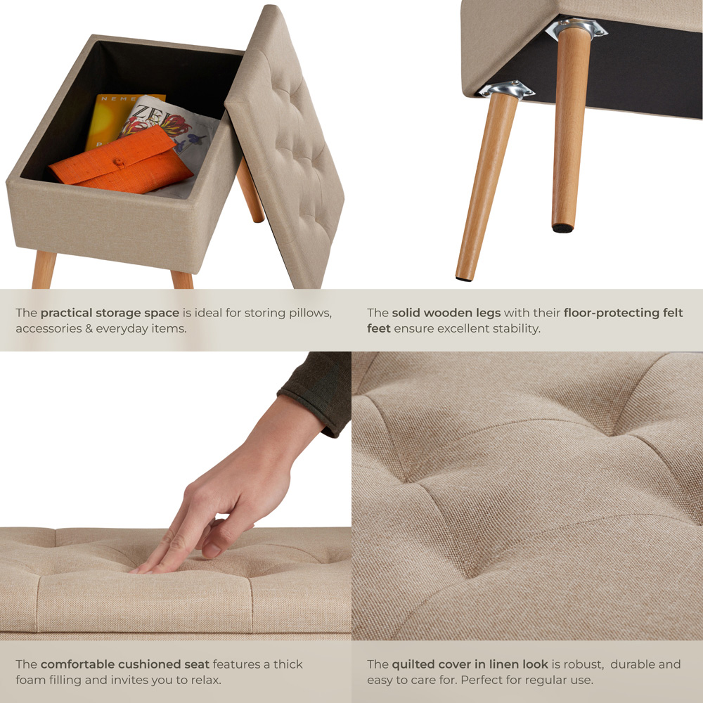 tectake Ranya Sand Linen Look Upholstered Bench Image 4