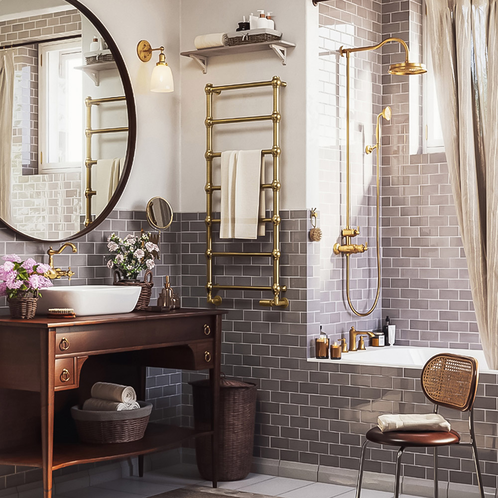 Terma Retro 1050BTU Brushed Brass Heated Towel Rail 1170 x 504mm Image 9