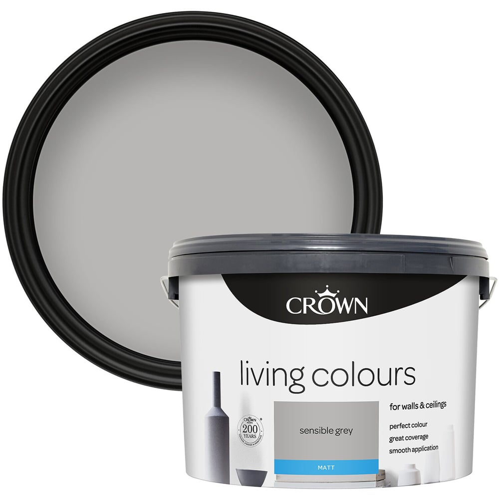 Crown Living Colours Walls and Ceilings Sensible Grey Matt Emulsion Paint 10L Image 1