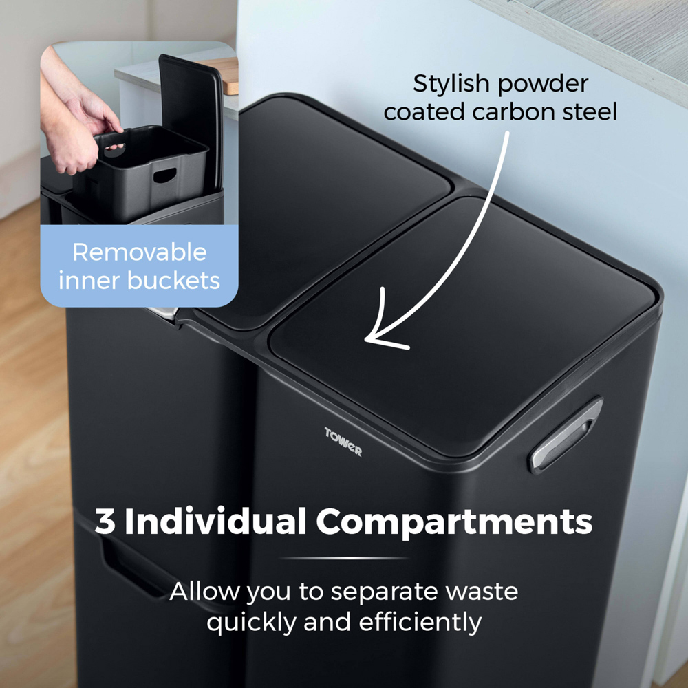 Tower Triple Recycling Black Pedal Bin 60L Image 5