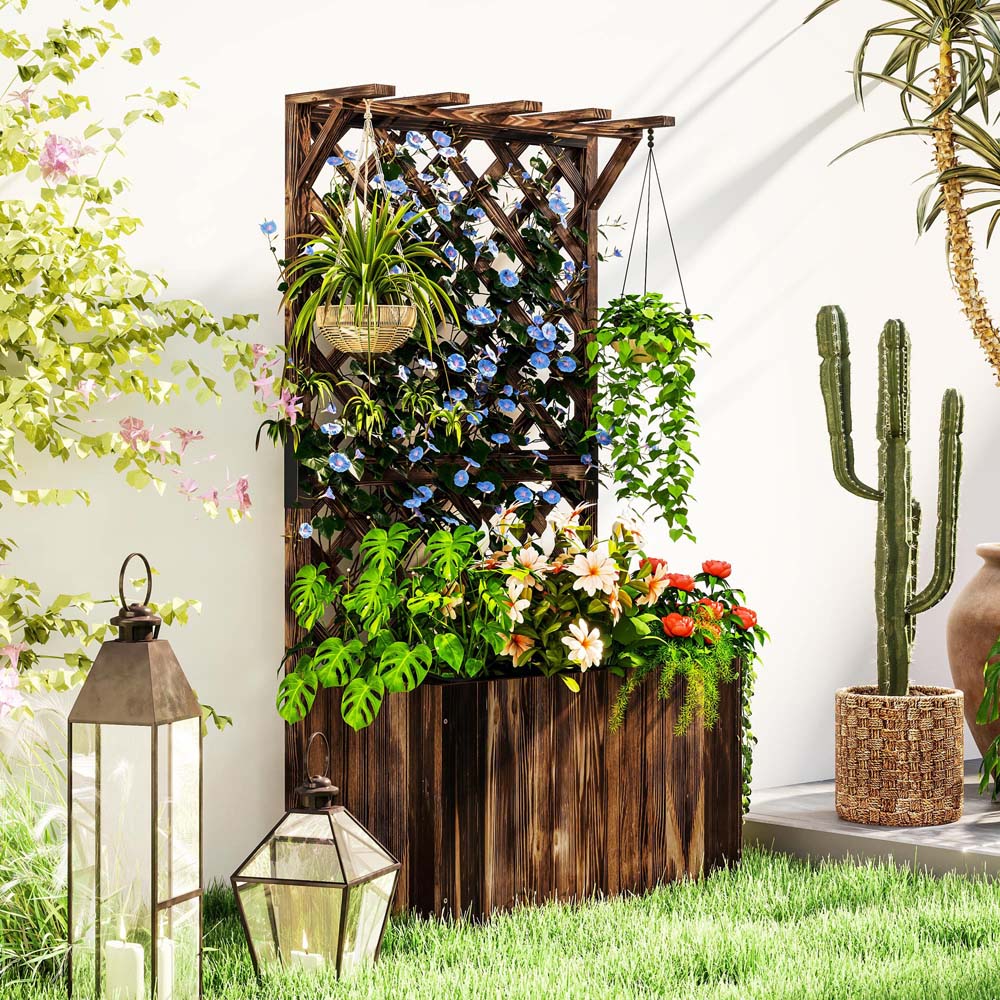Outsunny Carbonised Wooden Planter with Trellis Image 2
