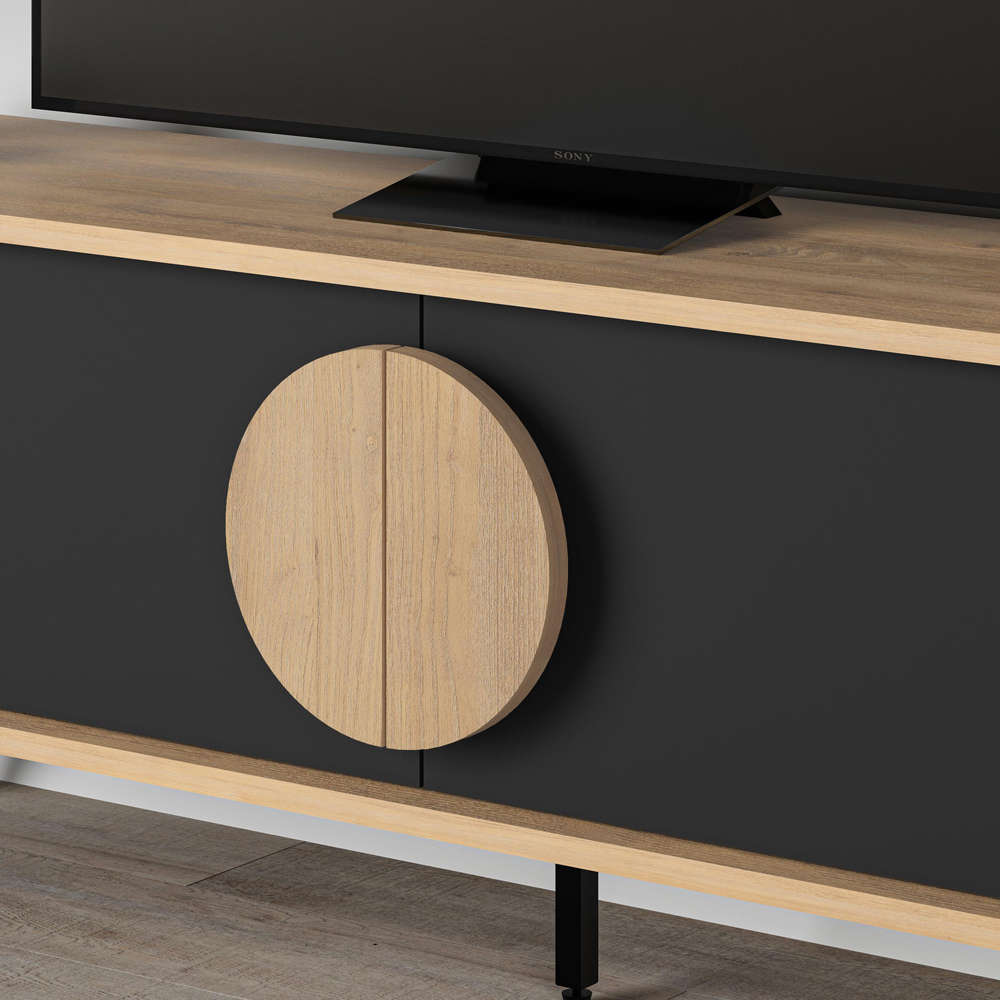 Decortie Gora 2 Door Oak and Silky Black TV Unit with Circle Handle Image 3
