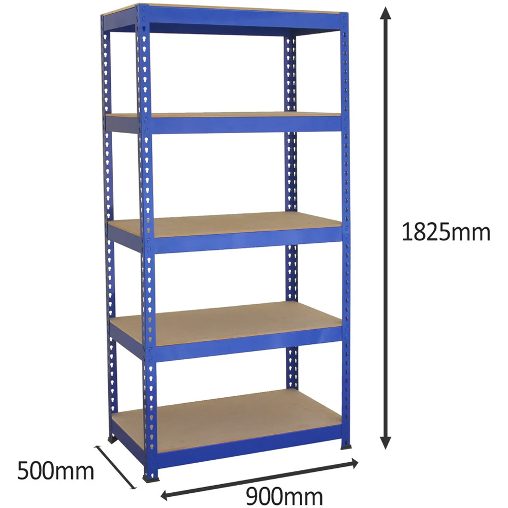MonsterShop Q-Rax 5 Shelf Blue Metal Racking Unit 3 Pack with Workbench and Mallet Image 4