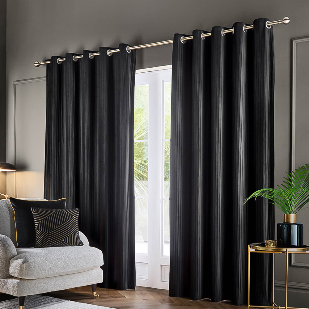Paoletti Corinthian Black Velvet Eyelet Curtains 229 x 183cm Image 1