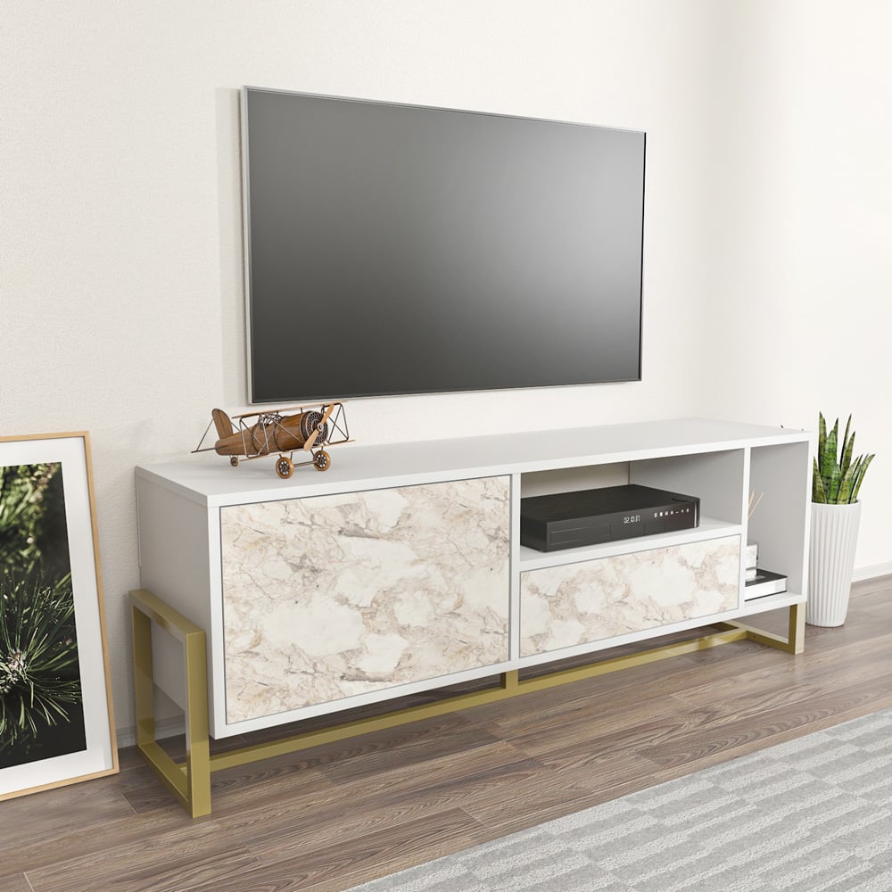 Decorotika Utopie Single Drawer Single Door 2 Shelf White and White Marble Effect TV Unit Image 7