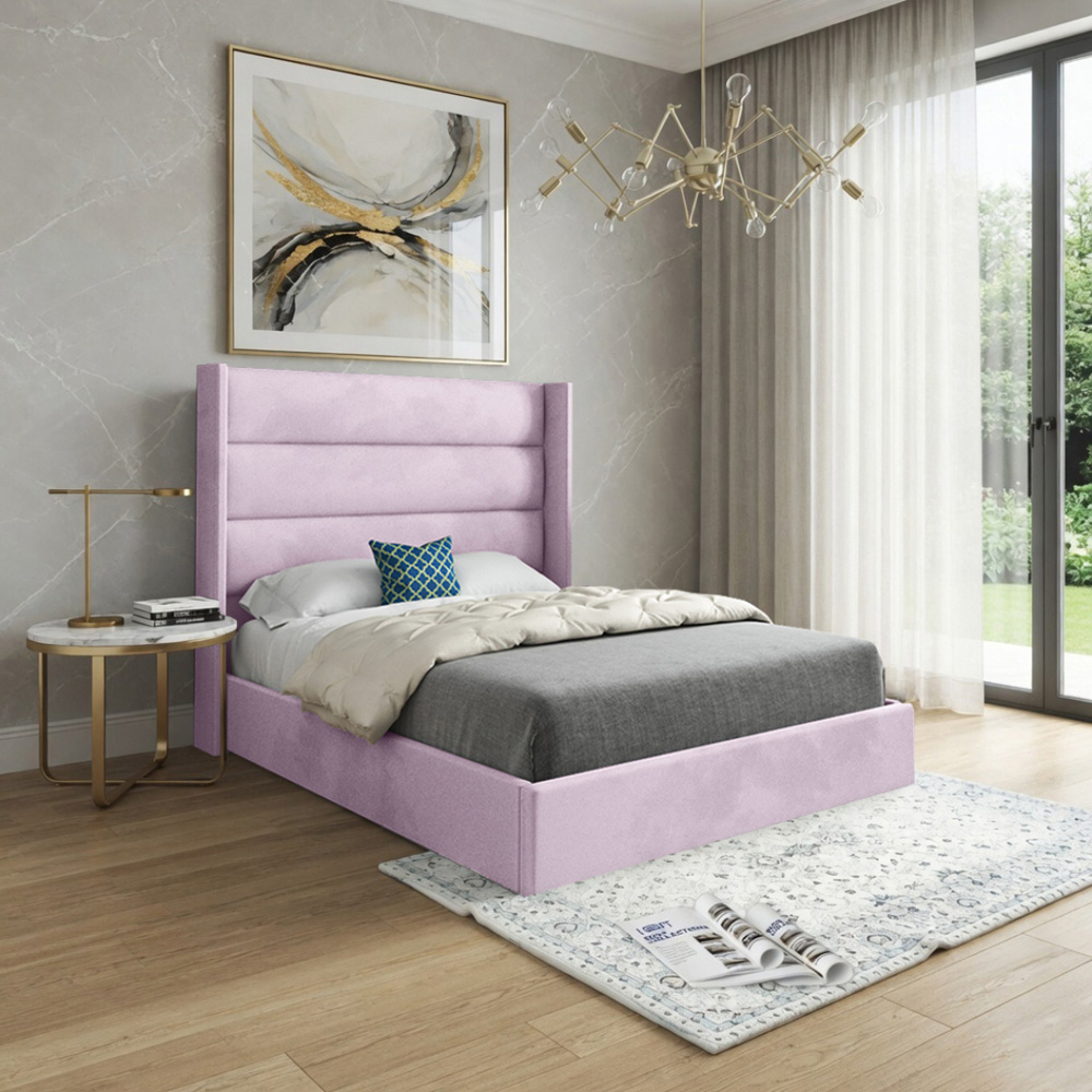Nuno Pink Small Single Velvet Upholstered Bed Frame with Straight Winged Headboard Image 5