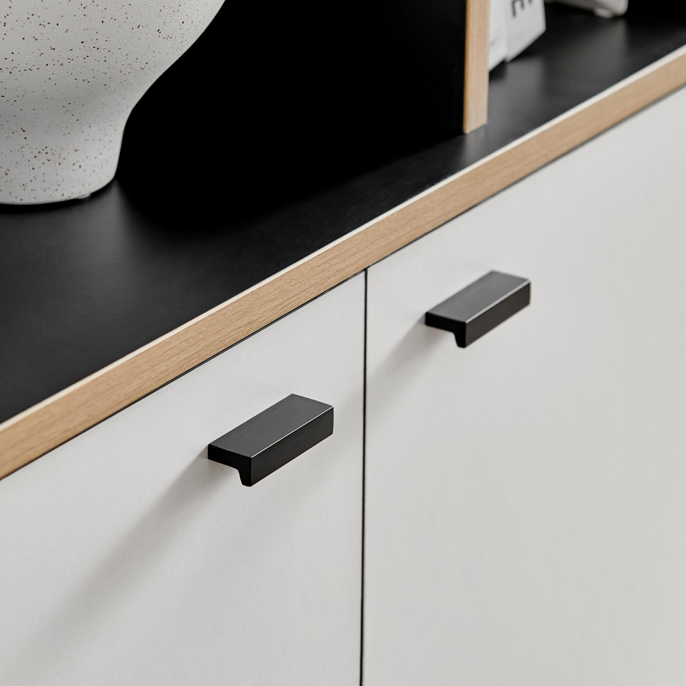 Furniturebox Billet 2 Door 2 Shelf Off White and Wood Effect Small Sideboard Image 2