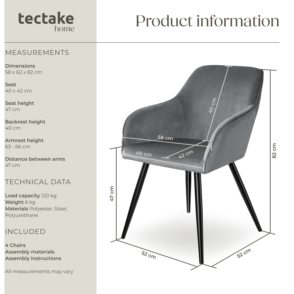 tectake Marilyn Set of 4 Grey and Black Velvet Padded Dining Chairs Image 8