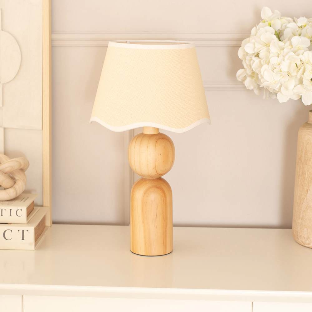 ValueLights Azalea Linen Scallop White Edge Shade Rustic Wooden LED Table Lamp Image 3