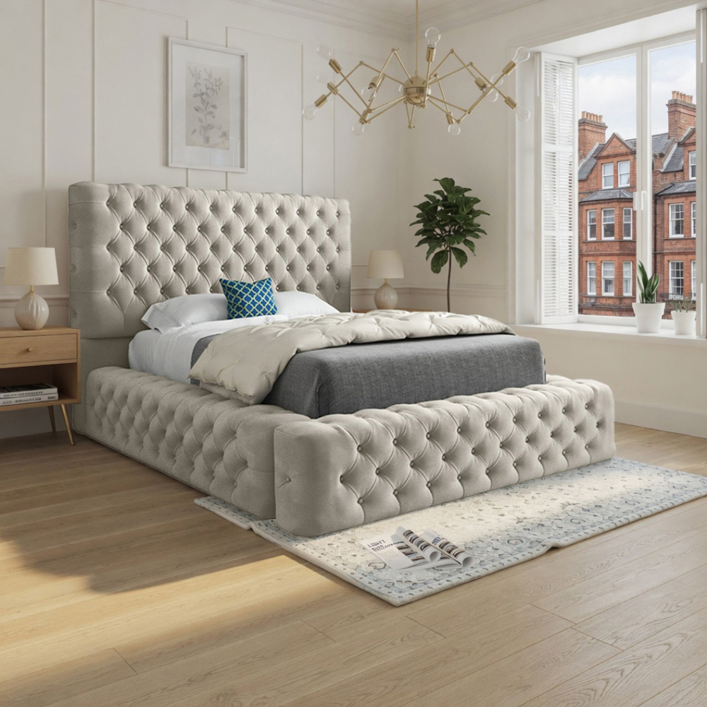 Grand Milan Silver Double Upholstered Bed Frame with Pleated Chesterfield Headboard Image 5
