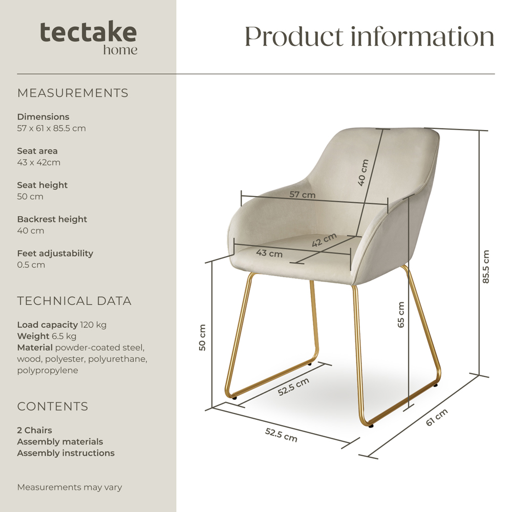 tectake Jeane Set of 2 Cream and Gold Velvet Look Dining Chair Image 9