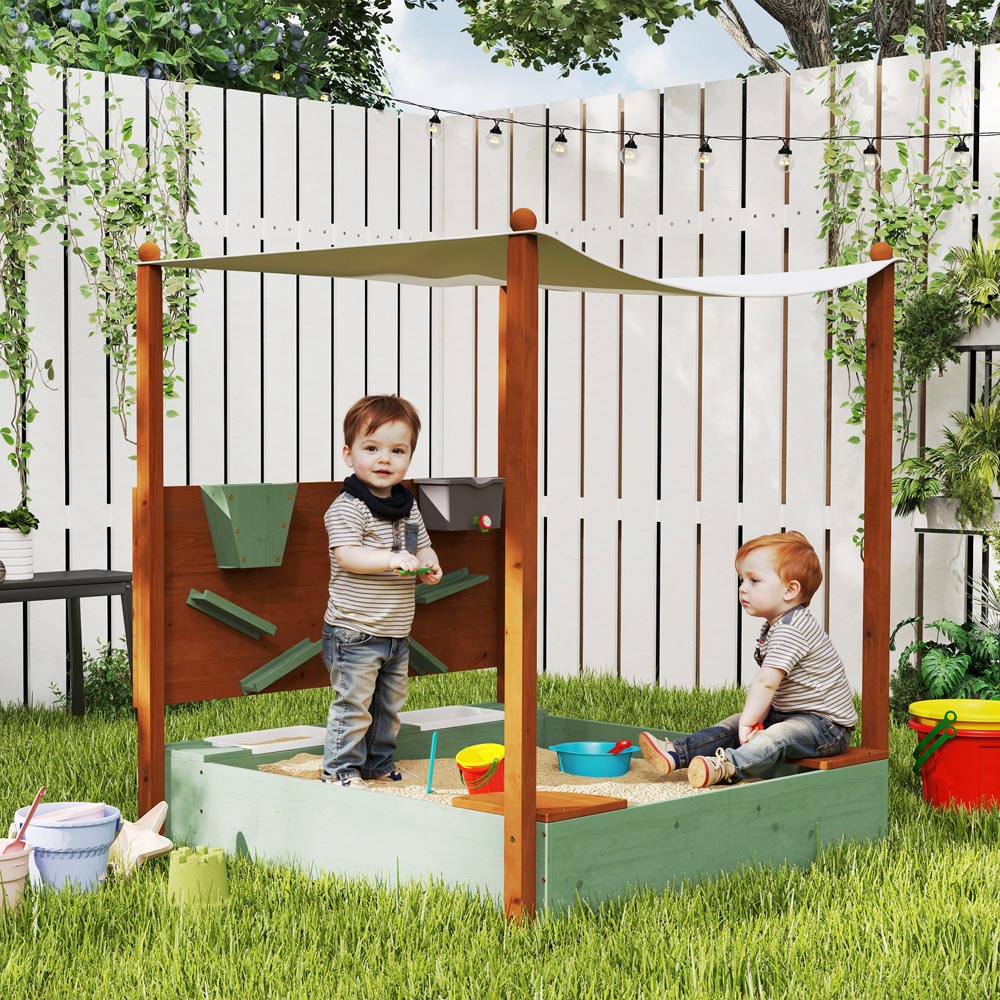 AIYAPLAY Kids Green Wooden Sandpit with Canopy Image 2