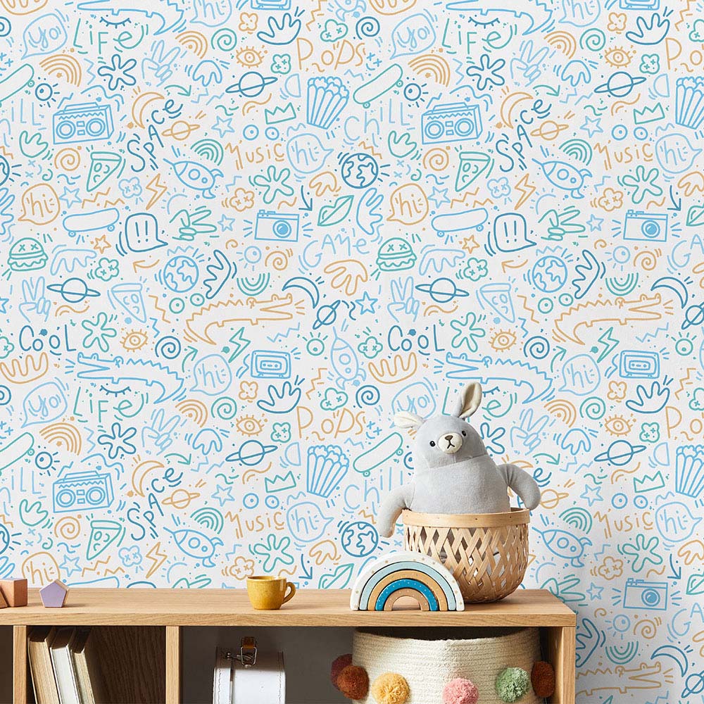 Muriva Doodle Blue and Yellow Wallpaper Image 2