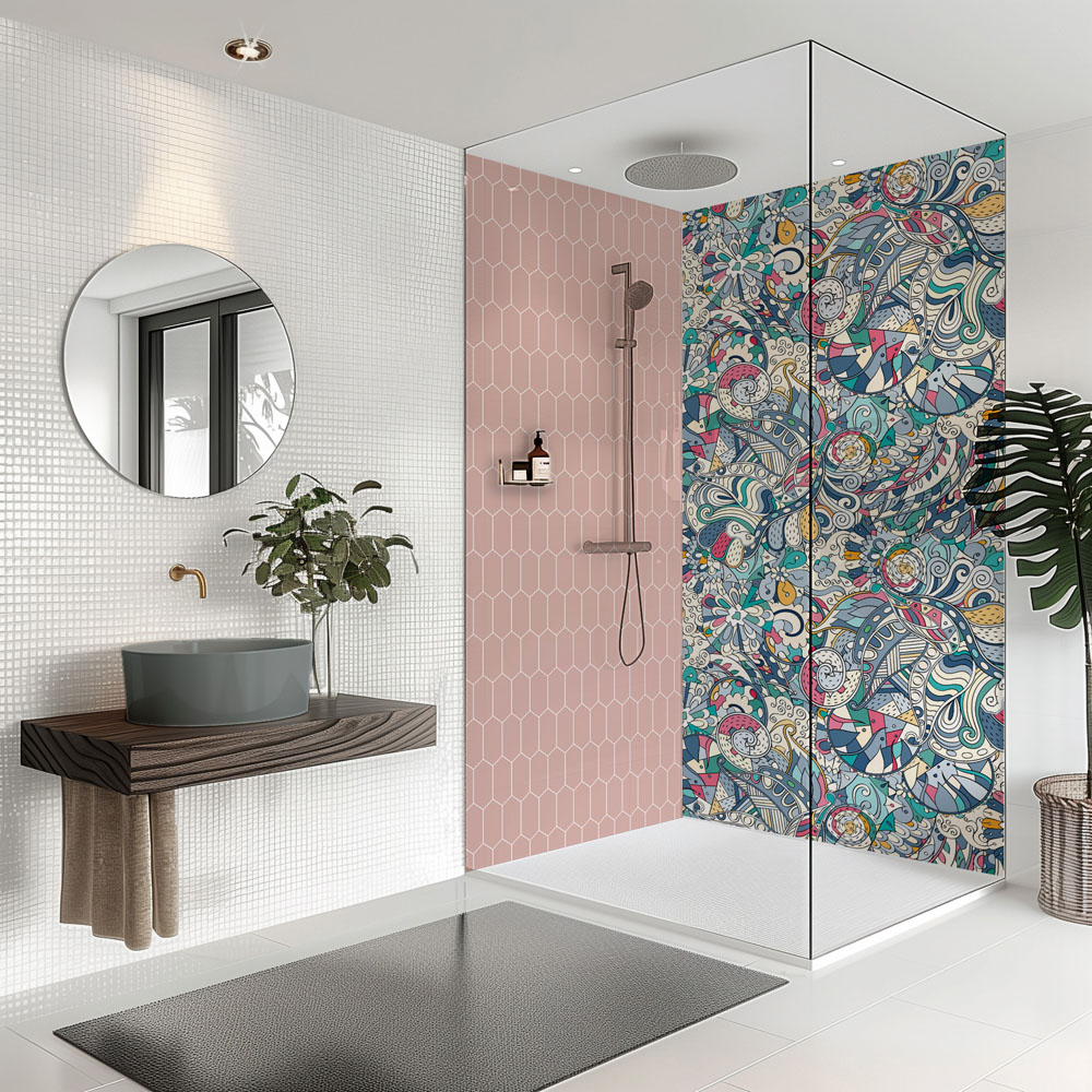 Splashbax Premium Artisan Colourful Doodle Acrylic Bathroom Wall Panel 2400 x 800mm Image 3