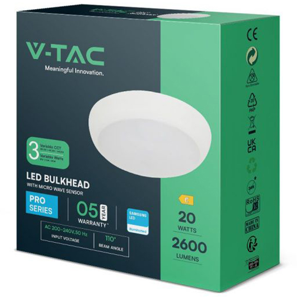 V-TAC All in One White Round CCT and Wattage Switchable Bulkhead Light with Sensor Image 3