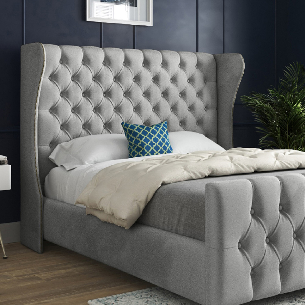 Donati Grey Small Single Velvet Upholstered Bed Frame with Straight Curved Top Headboard Image 3