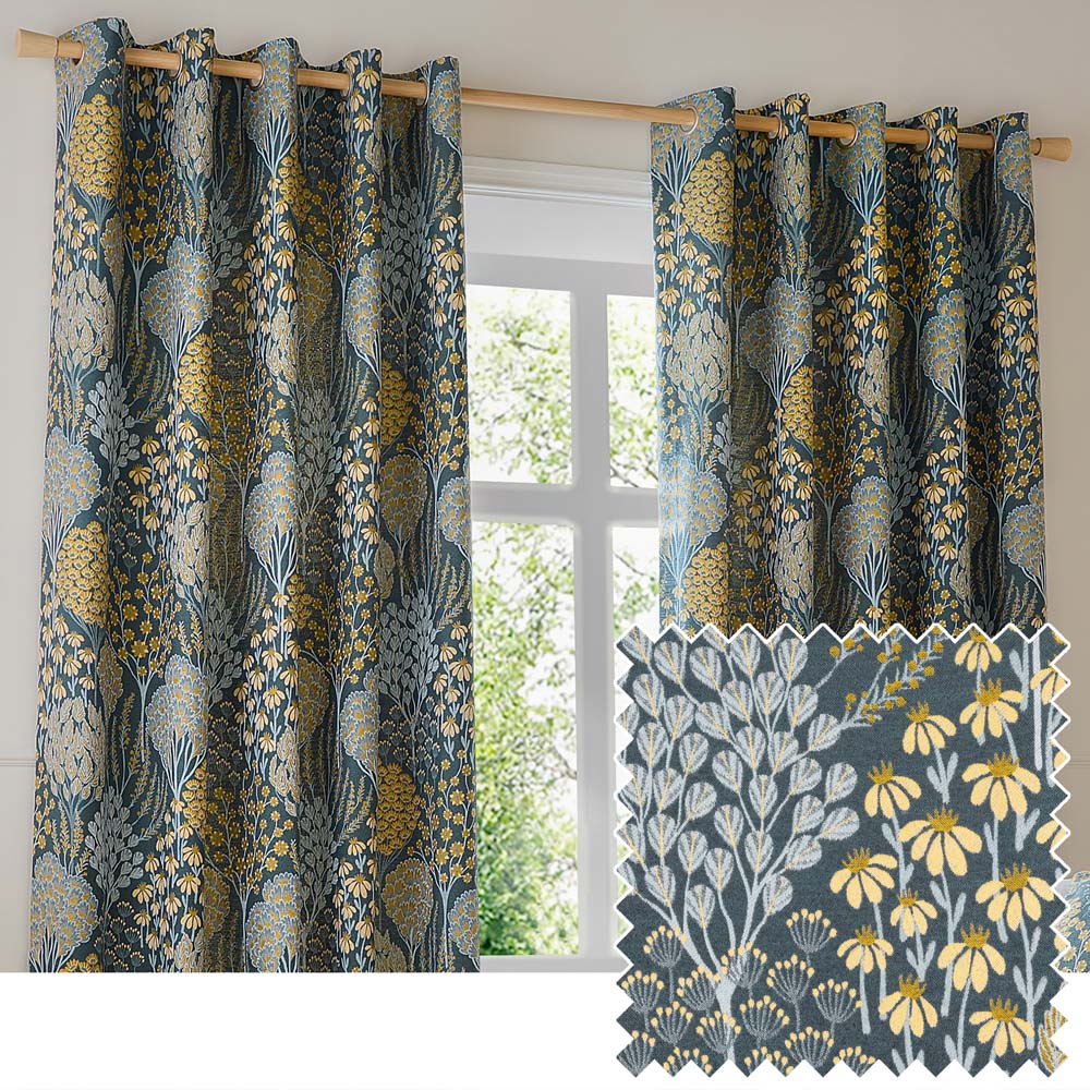 Wylder Nature Ophelia Fully Lined Floral Jacquard Eyelet Curtains Blue and Saffron 168 x 183cm Image 6